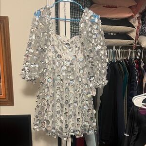 White Sequin Floral Dress